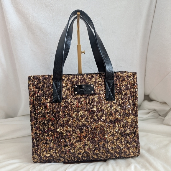 Kate Spade Black and Gold Sequin Shopper Style Tote Bag Leather Handles EUC - Picture 1 of 12